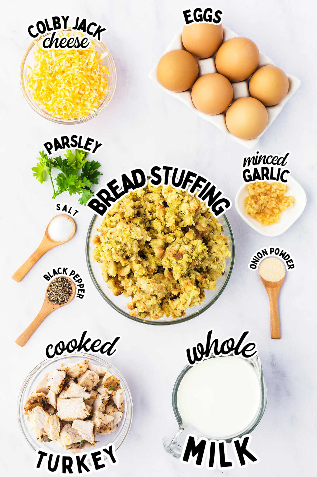 Ingredients needed to make a Turkey Quiche. 