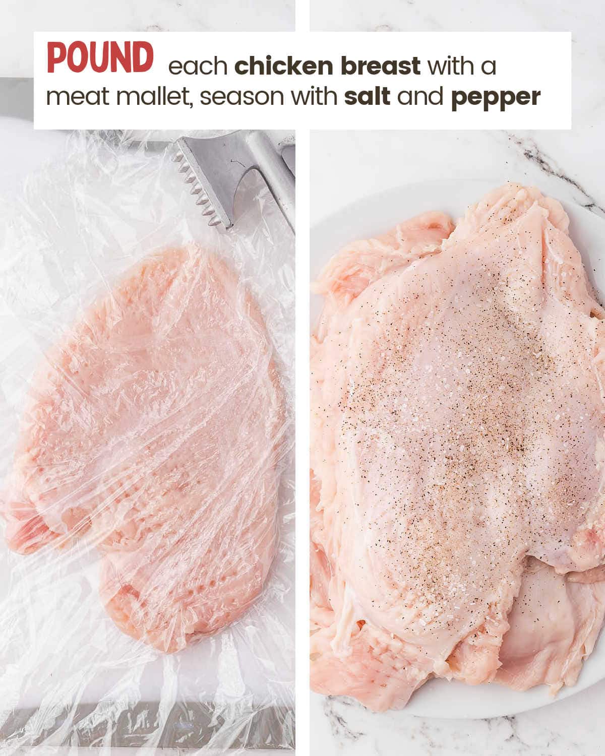 Process Pound and season the chicken breast.
