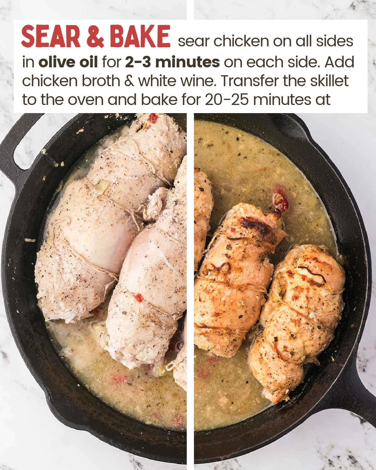 Browning and baking the Chicken Roulades.