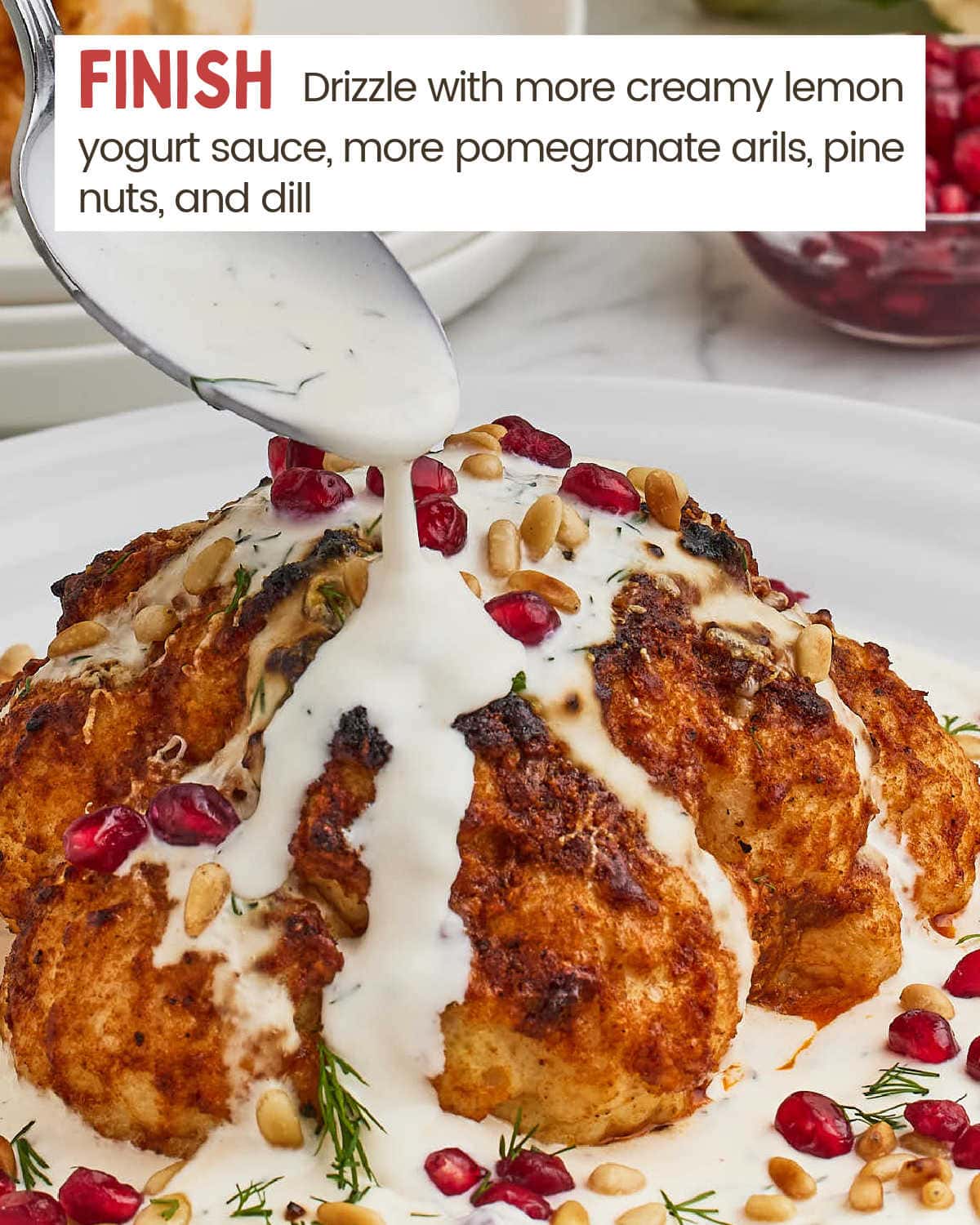Drizzling the sauce over the cauliflower.