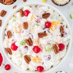 Topdown view of a bowl of an Ambrosia Salad.
