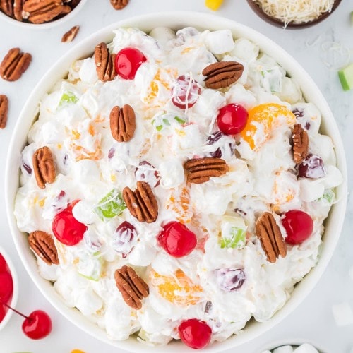 Topdown view of a bowl of an Ambrosia Salad.