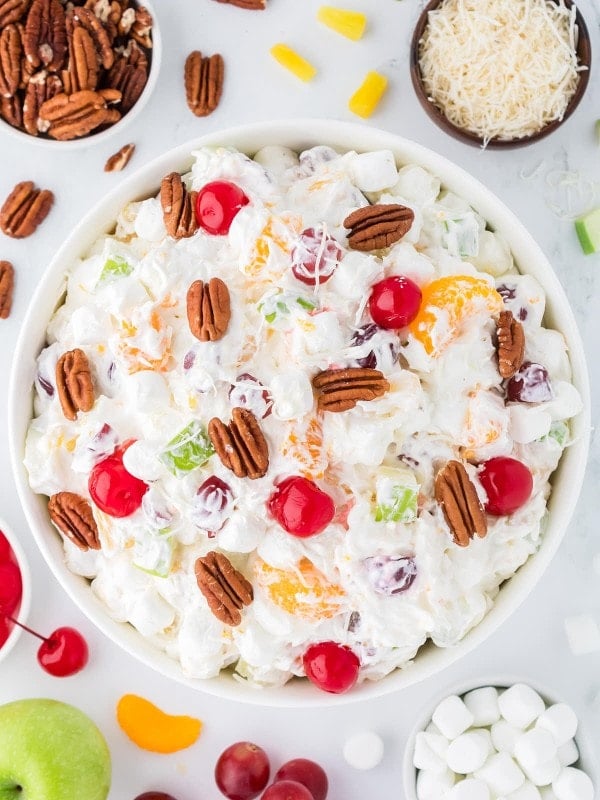 Topdown view of a bowl of an Ambrosia Salad.