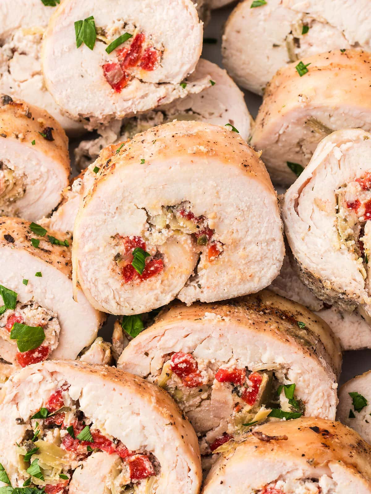 Closeup of sliced Chicken Roulades.
