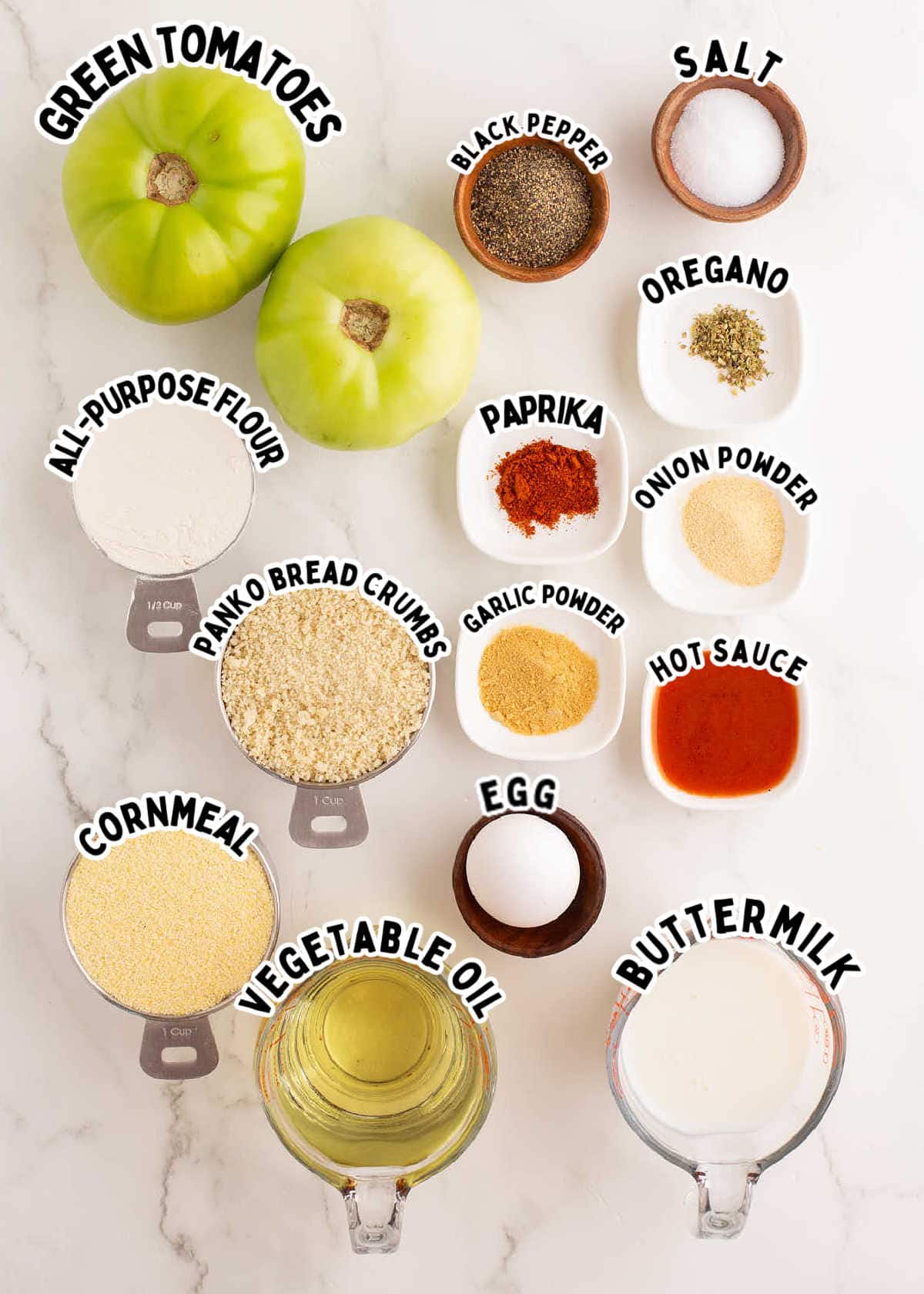 Ingredients needed to make Fried Green Tomatoes.