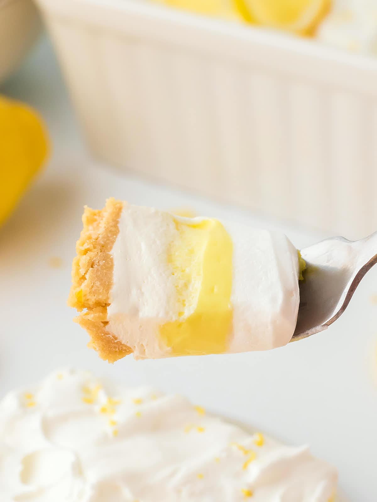 A forkful of the no-bake Lemon Lush.
