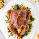 Top down view of a Thanksgiving Turkey beautifully plated on fresh herbs.