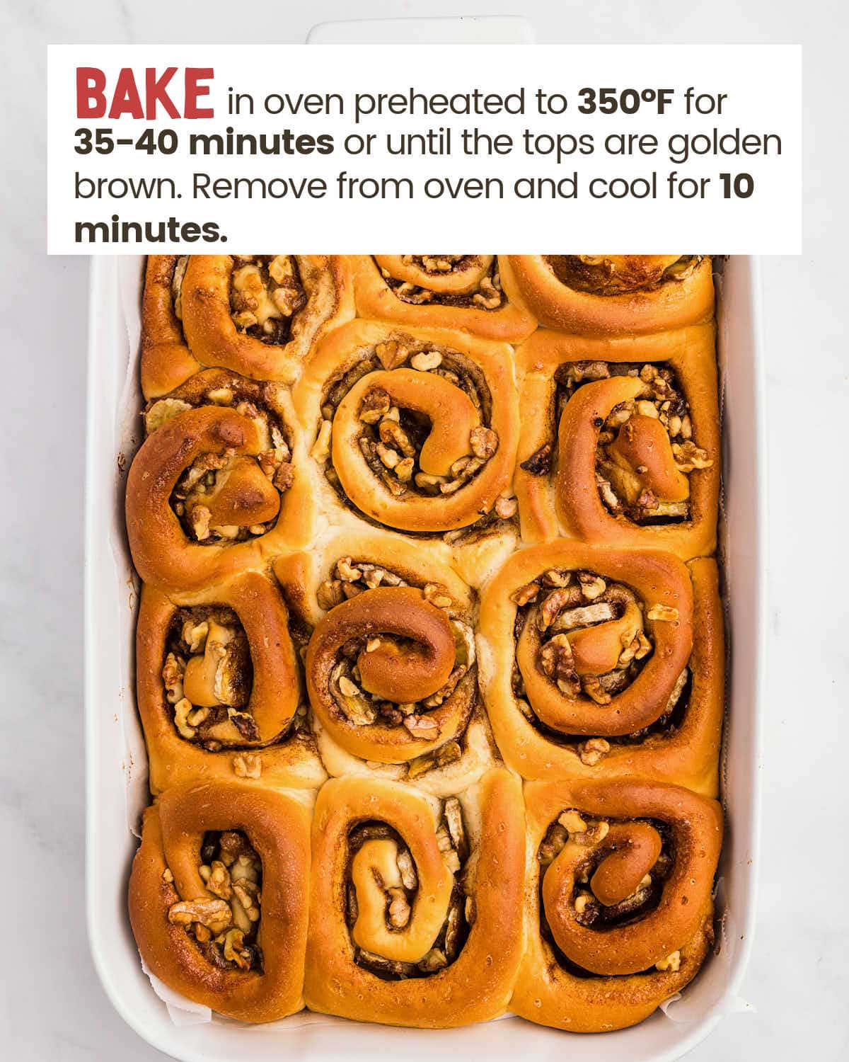 Baked banana cinnamon rolls in a baking dish.