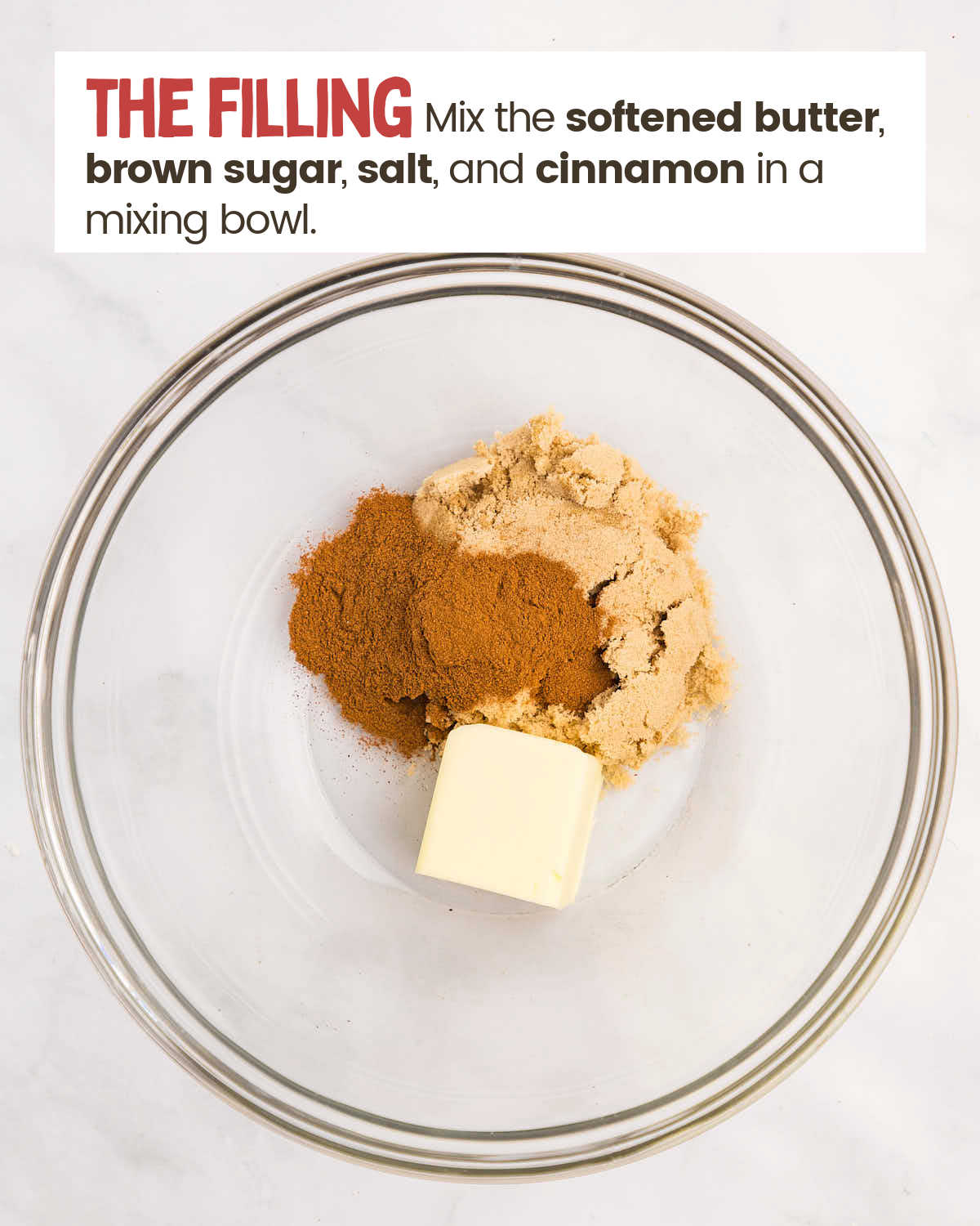 Butter, brown sugar, salt, and cinnamon in a glass bowl.