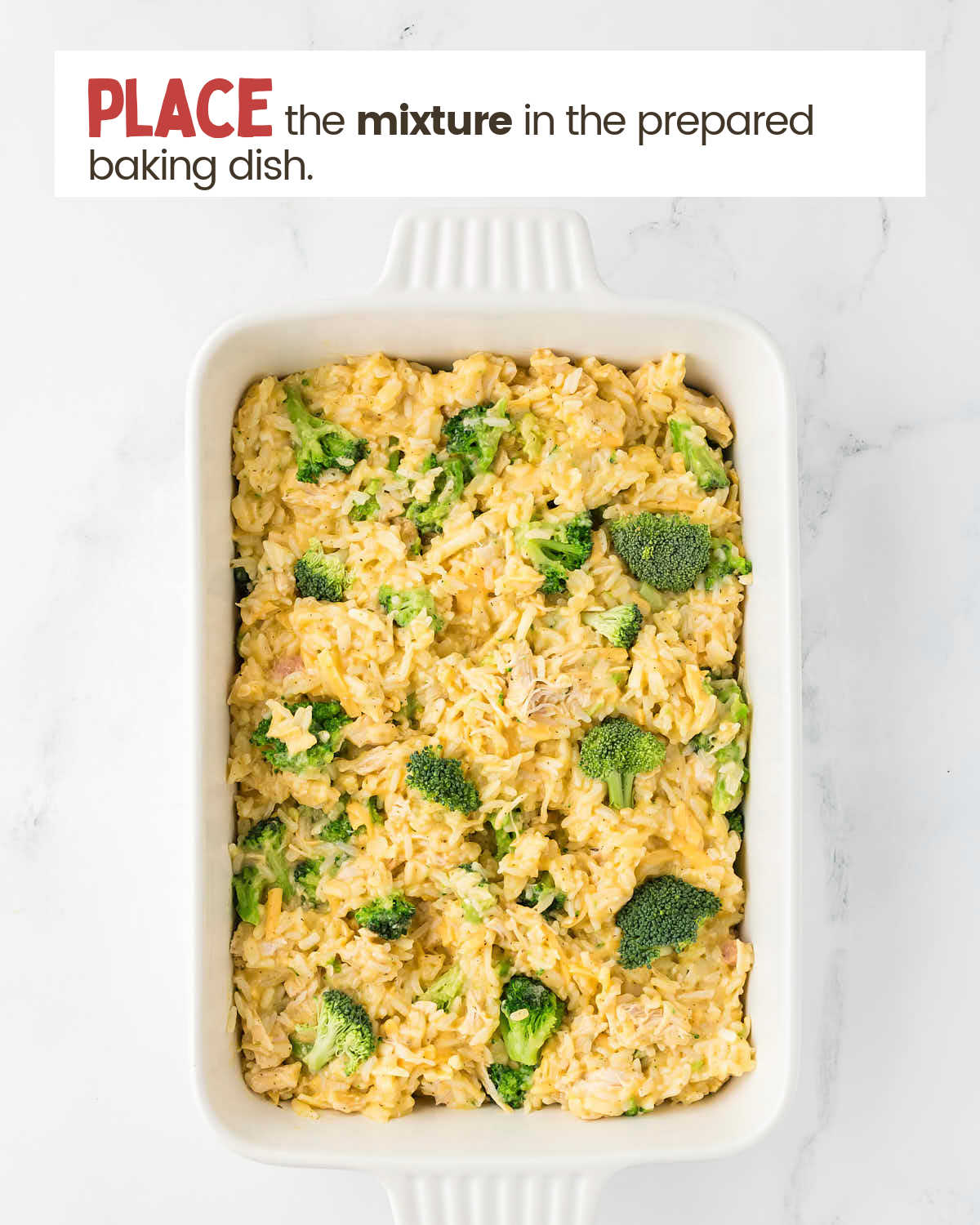 Chicken broccoli rice casserole in a baking dish.