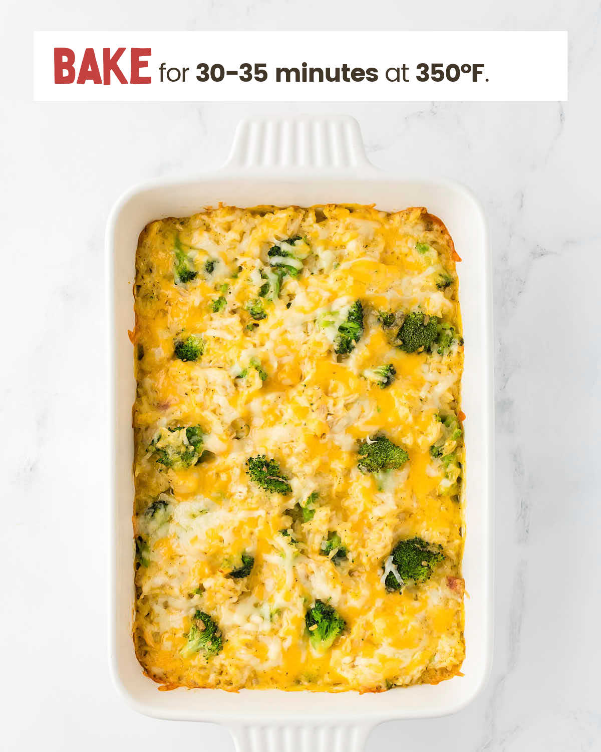 Chicken broccoli rice casserole in a baking dish.