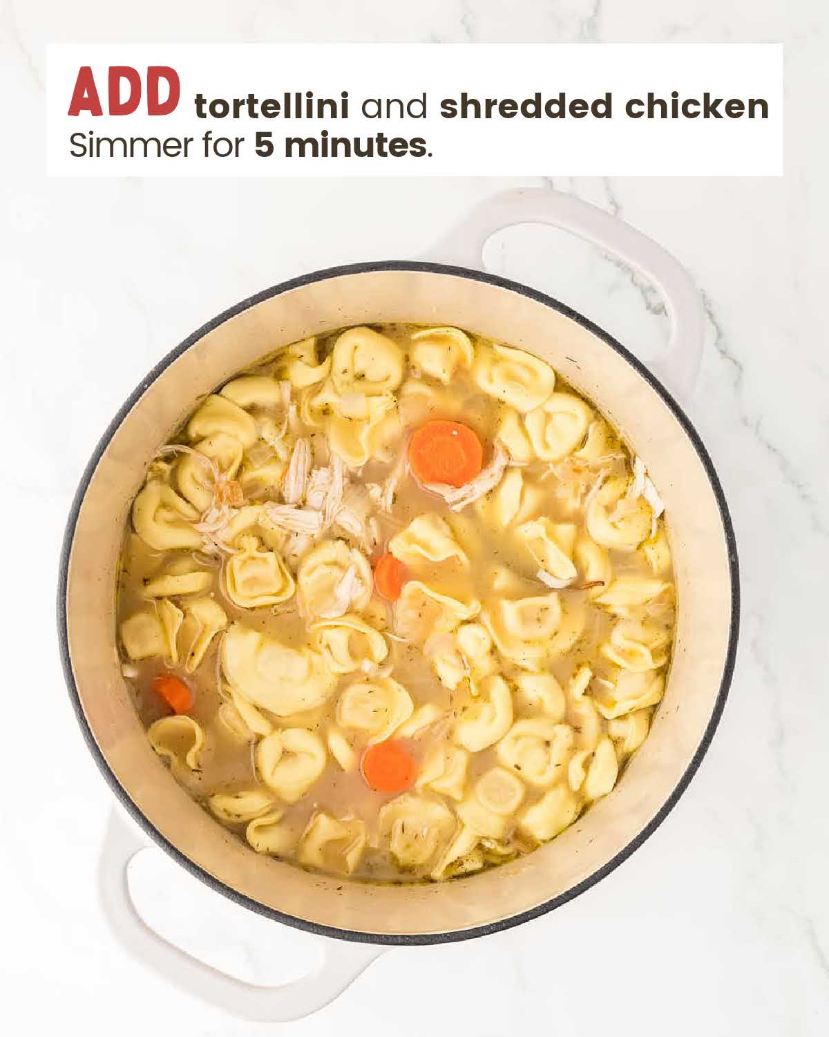 Chicken broth, shredded chicken with carrots and onions in a large pot.