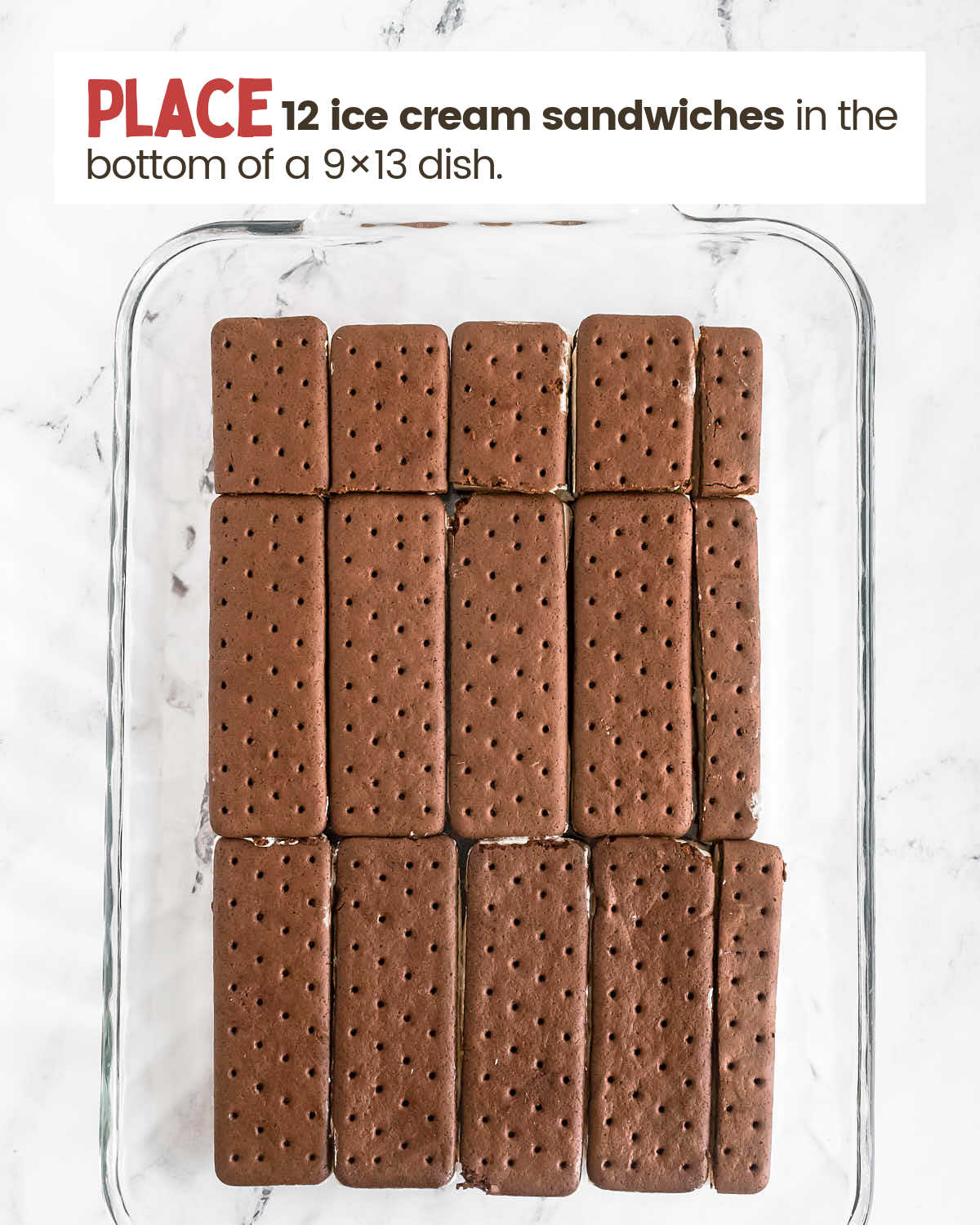 Ice cream sandwiches in a baking dish. 