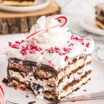 Closeup of a slice of Christmas Icebox Cake.