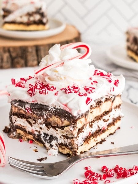 Closeup of a slice of Christmas Icebox Cake.