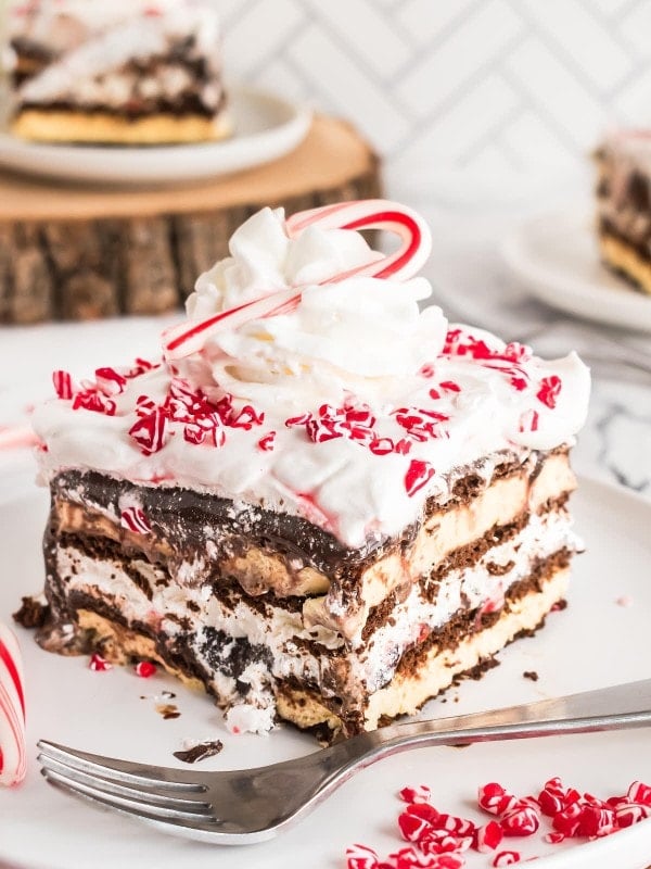 Closeup of a slice of Christmas Icebox Cake.