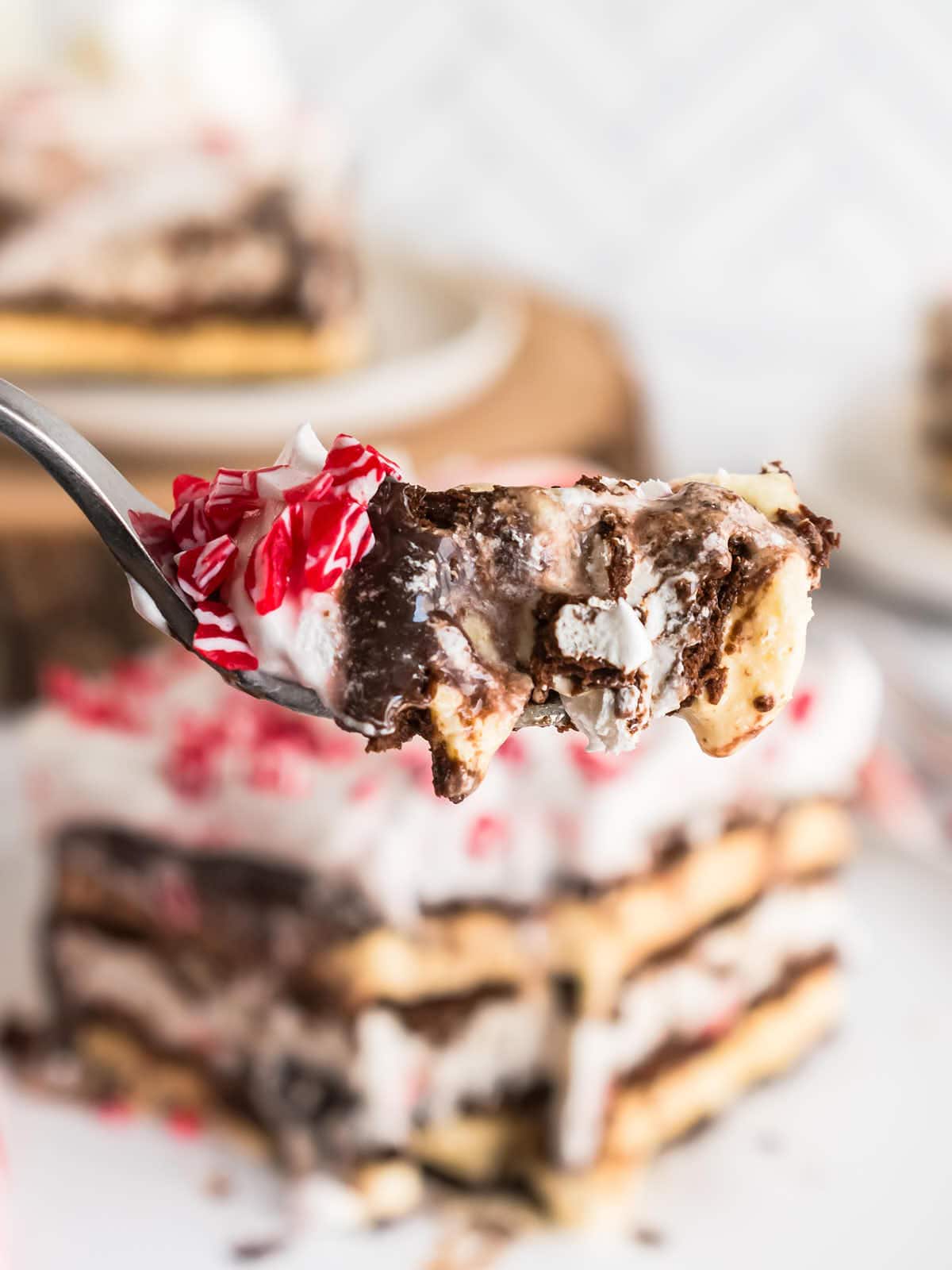 A forkful of Christmas Icebox Cake. 