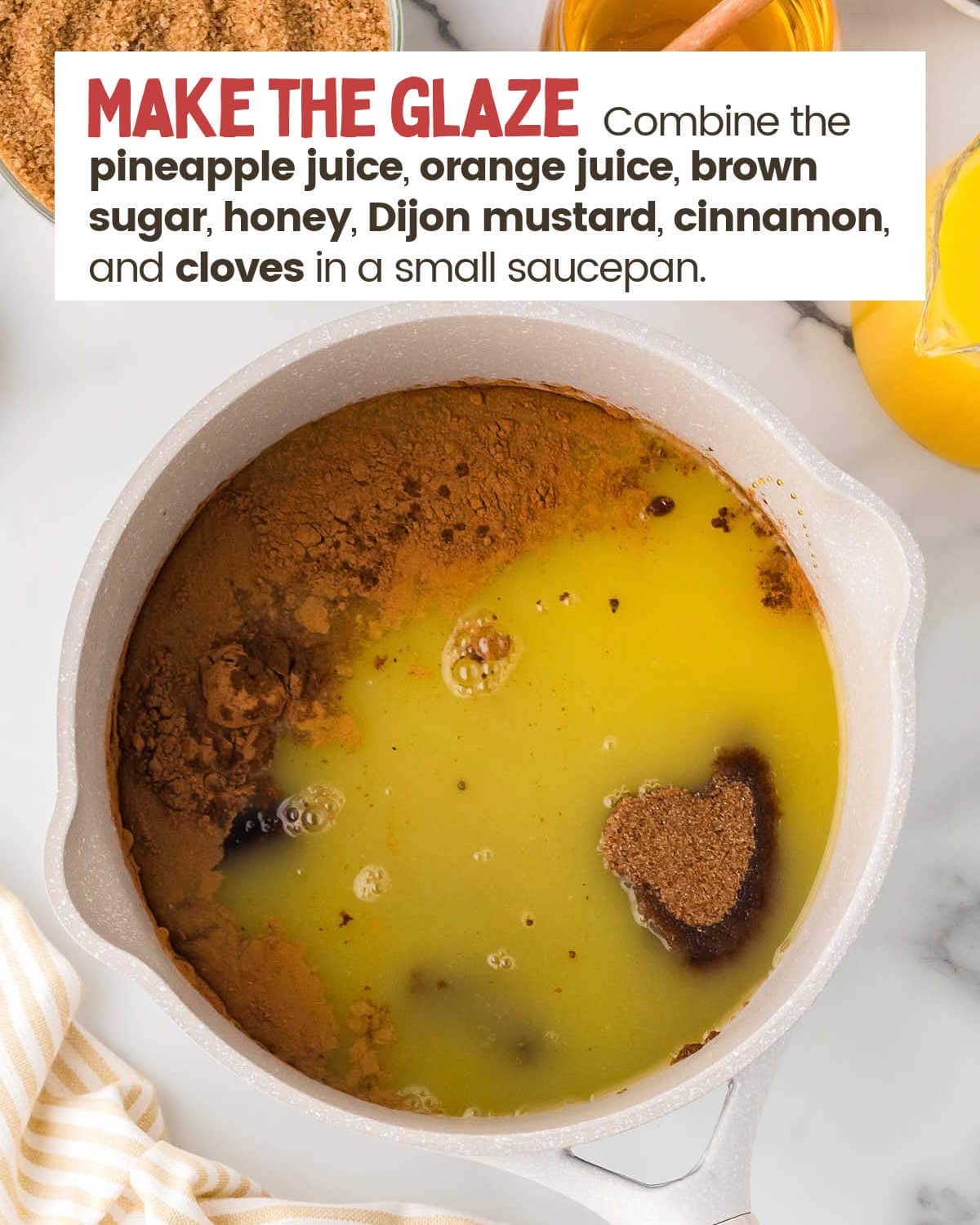 Ingredients to make a ham glaze in a sauce pan.