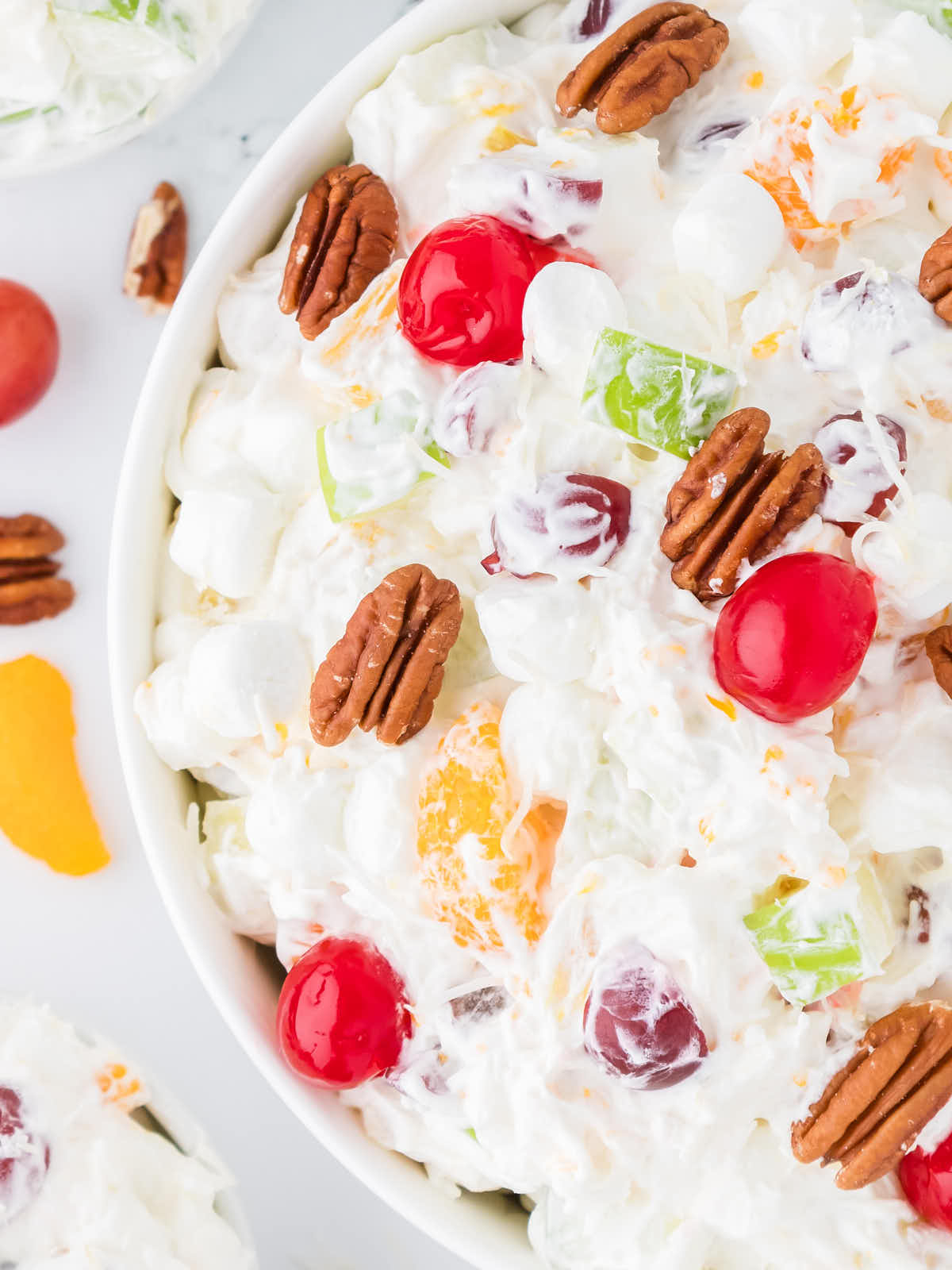 Top down closeup of an Ambrosia Salad.