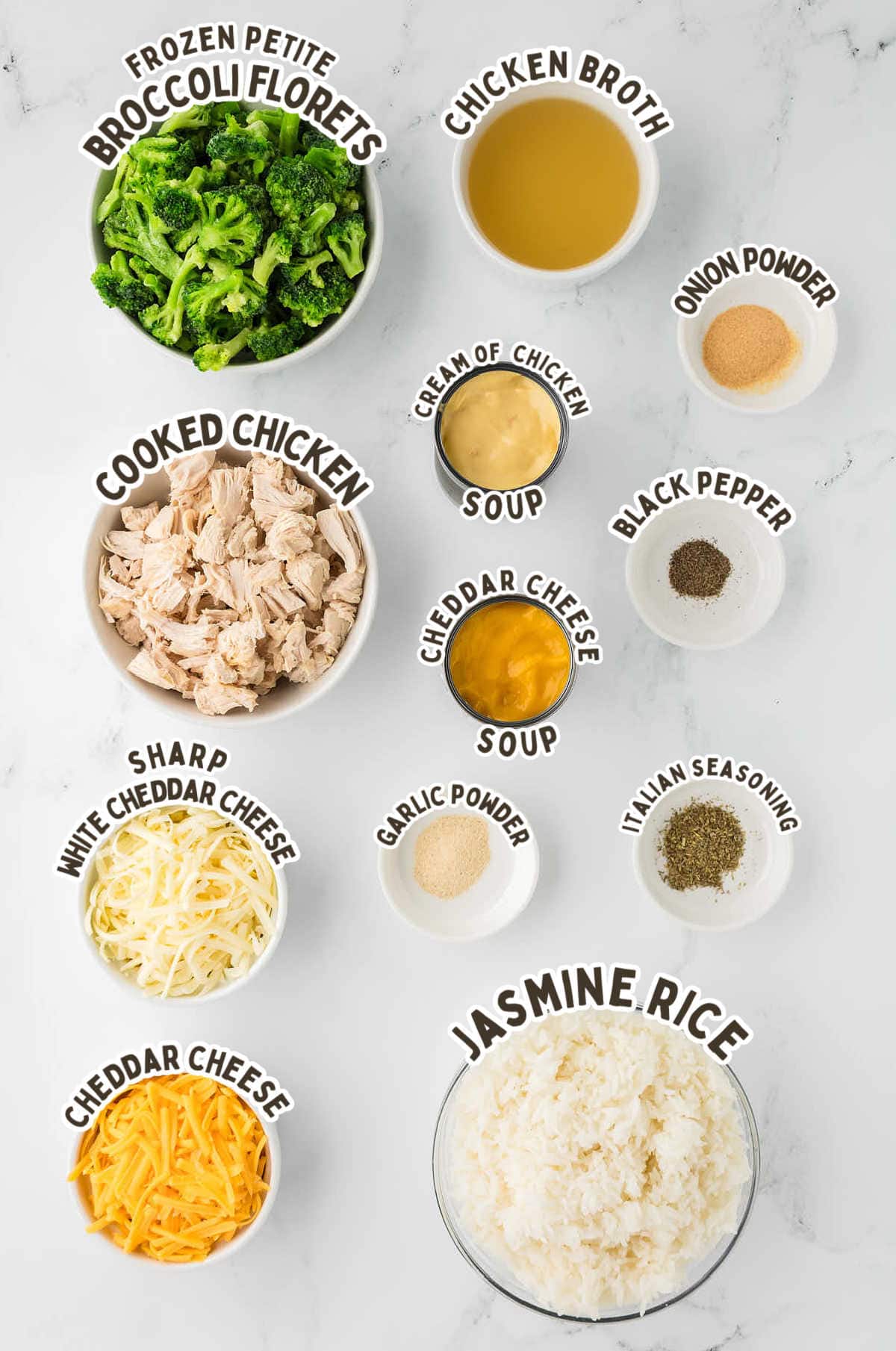 Ingredients needed to make Chicken Broccoli Rice Casserole. 