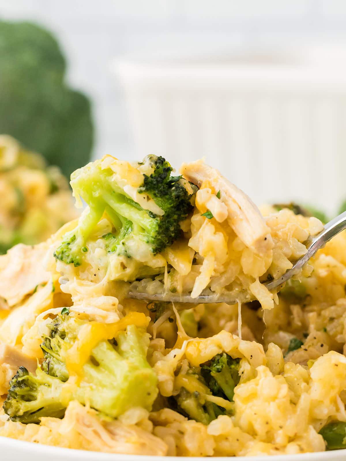 Closeup of a Chicken Broccoli Rice Casserole.