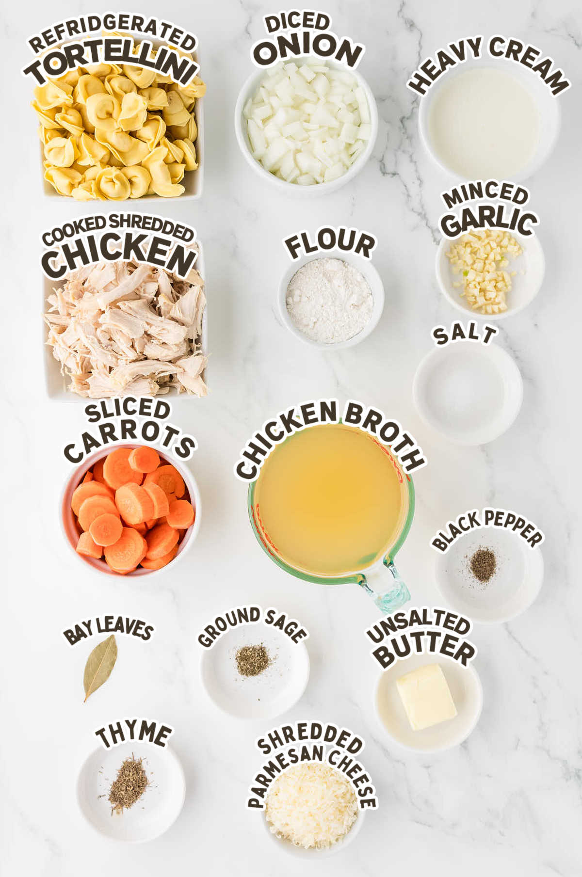 Ingredients needed to make a Chicken Tortellini Soup.