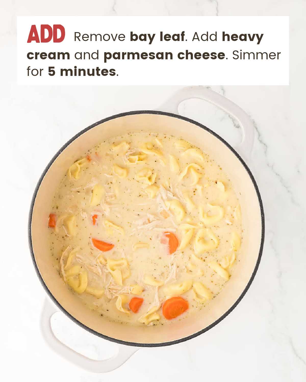 Chicken tortellini soup in a large pot.