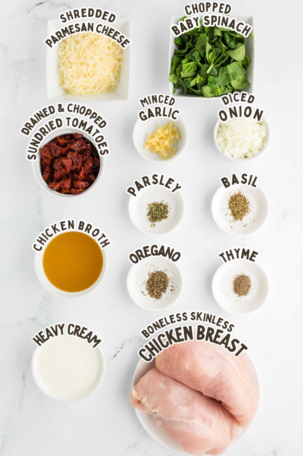 Ingredients needed to make Crock Pot Tuscan Chicken. 