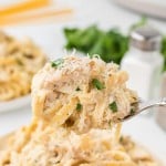 A spoonful of creamy Crockpot Chicken Alfredo.