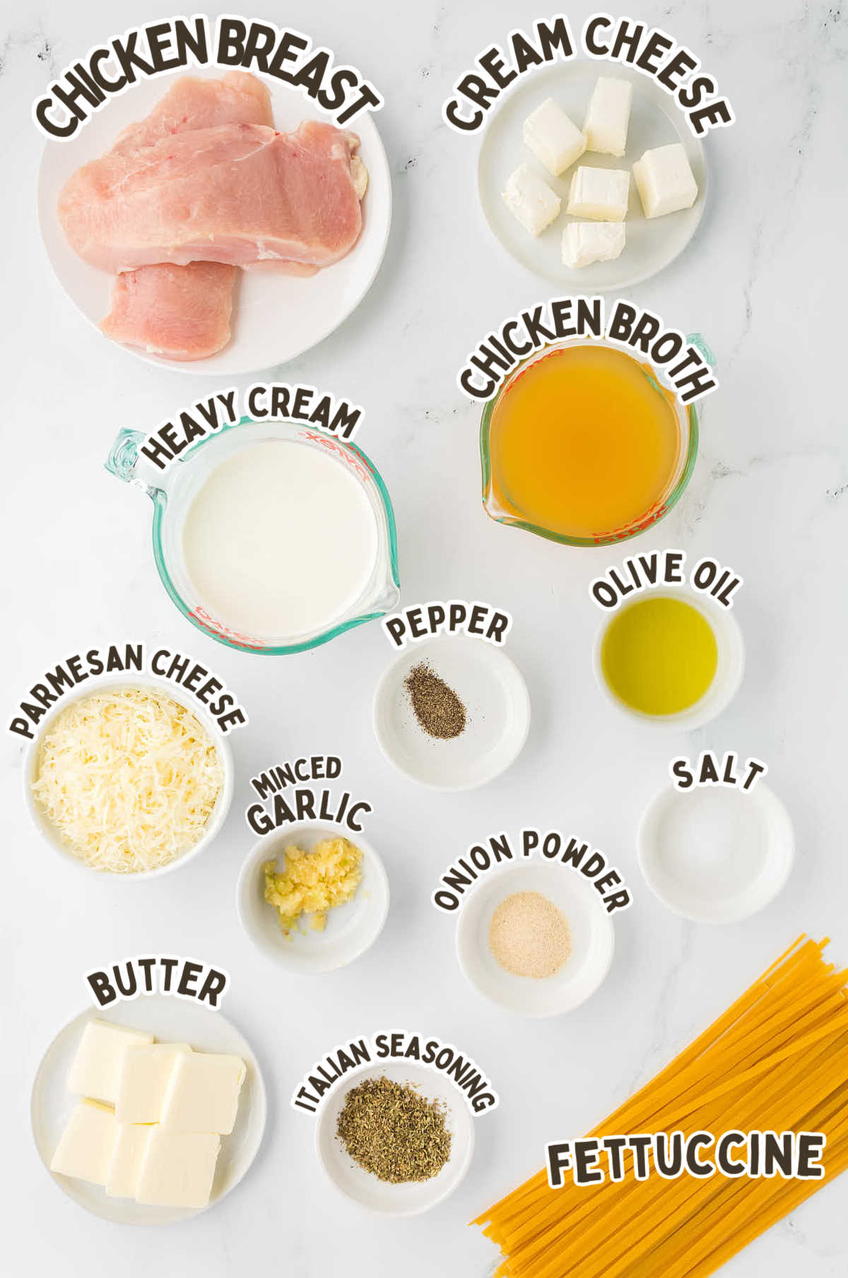Ingredients needed to make Crockpot Chicken Alfredo.