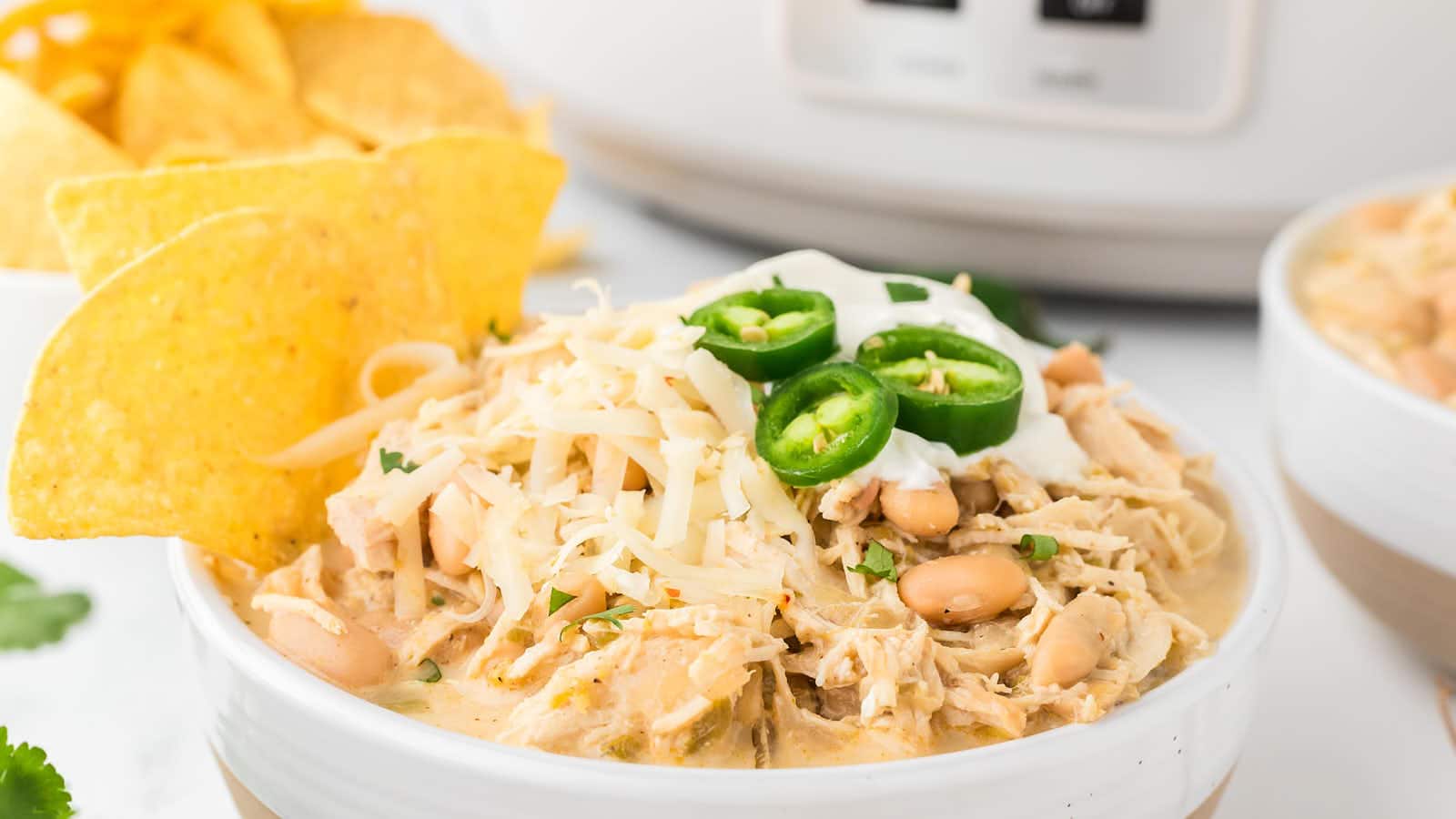 Crockpot White Chicken Chili recipe by Cheerful Cook.