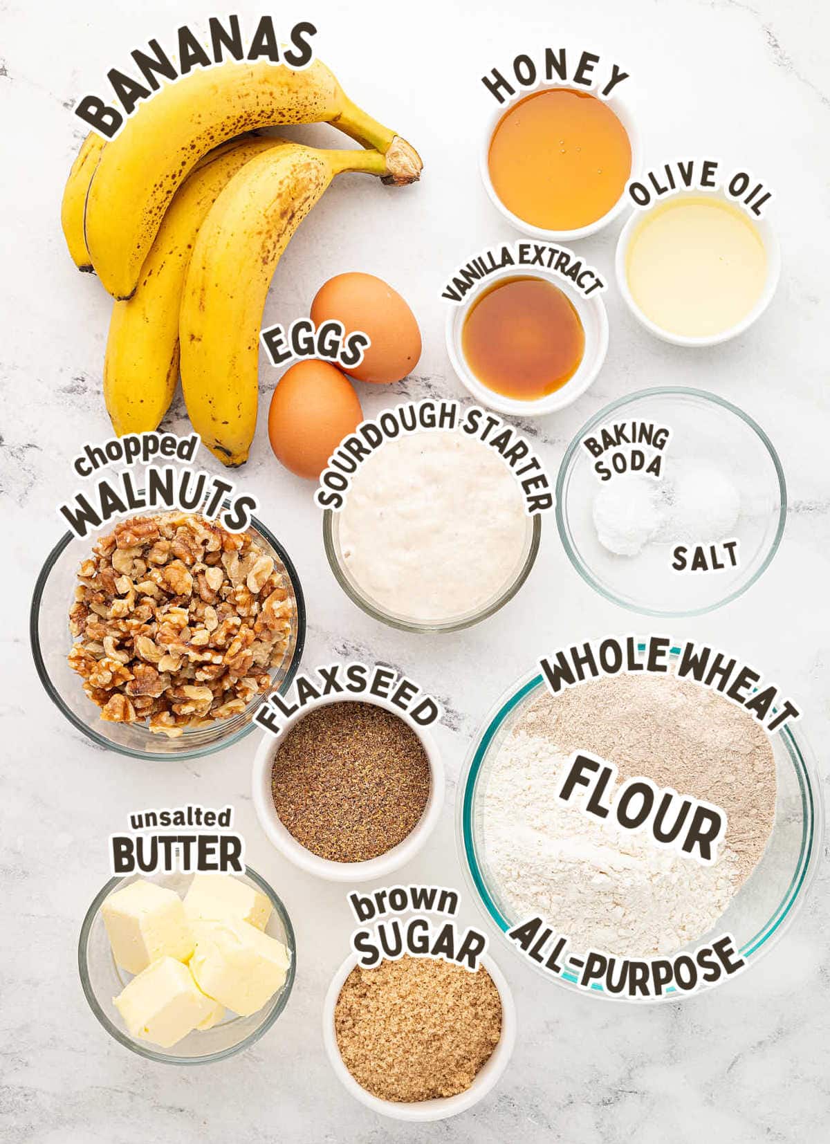 Ingredients needed to make a Sourdough Banana Bread.