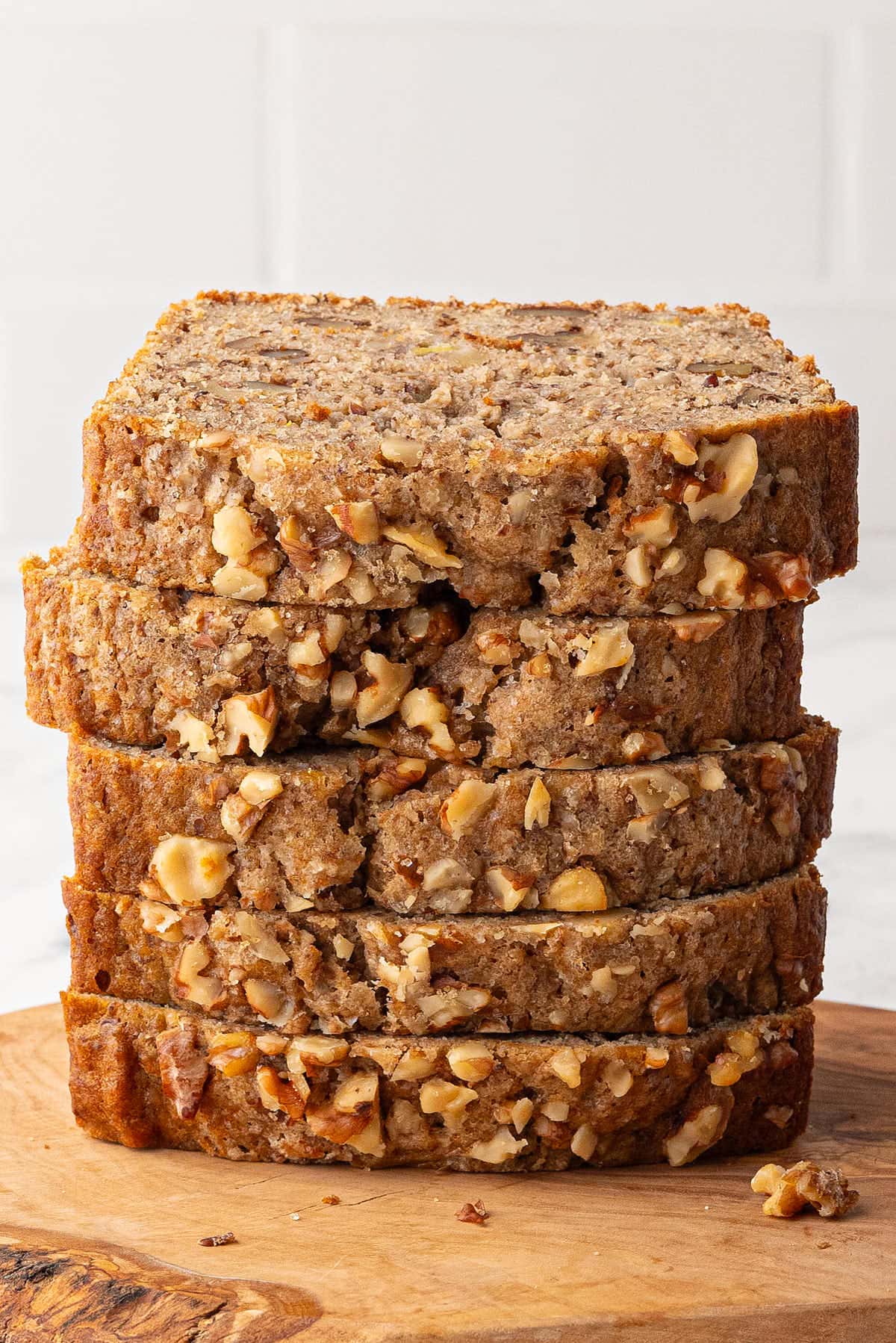 A stack of slices of Sourdough Banana Bread.