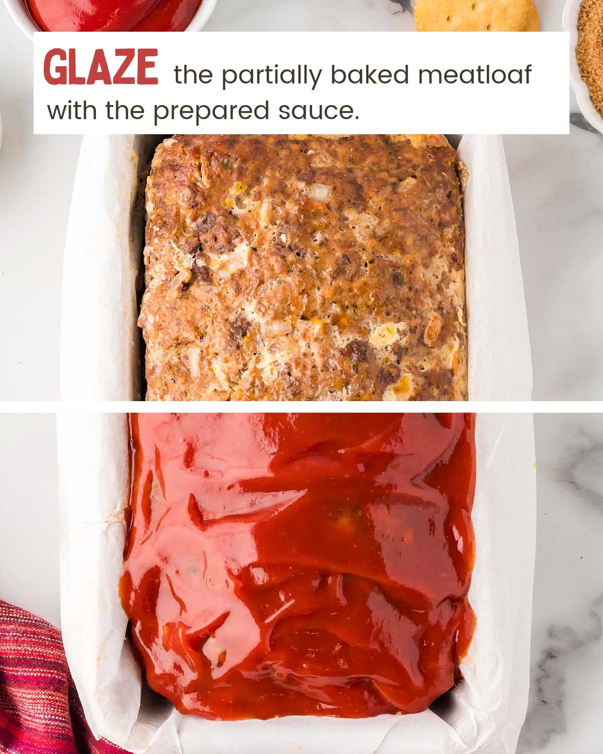 Top image is a Baked meatloaf in a parchment lined loaf pan. In bottom image sauce covers the meatloaf.