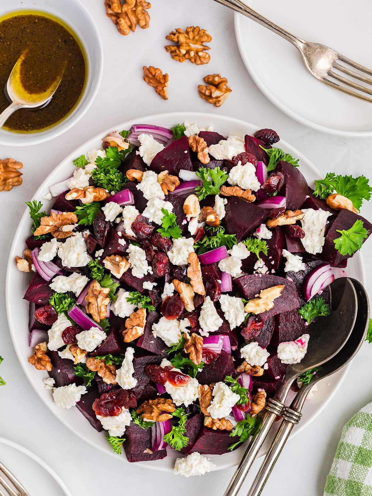 Topdown view of a plate of Beet Salad.