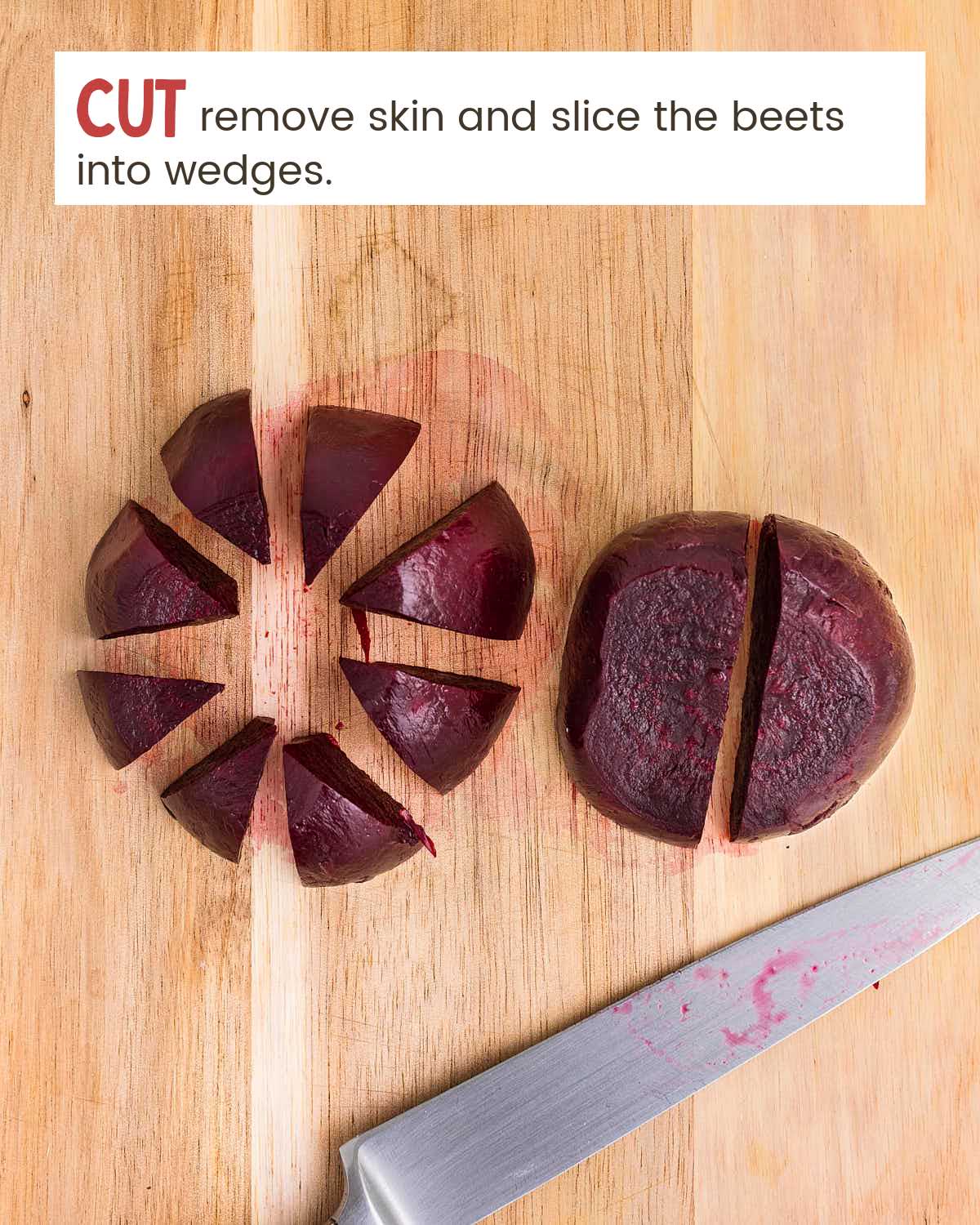 Cooked beets sliced into wedges on a cutting board.