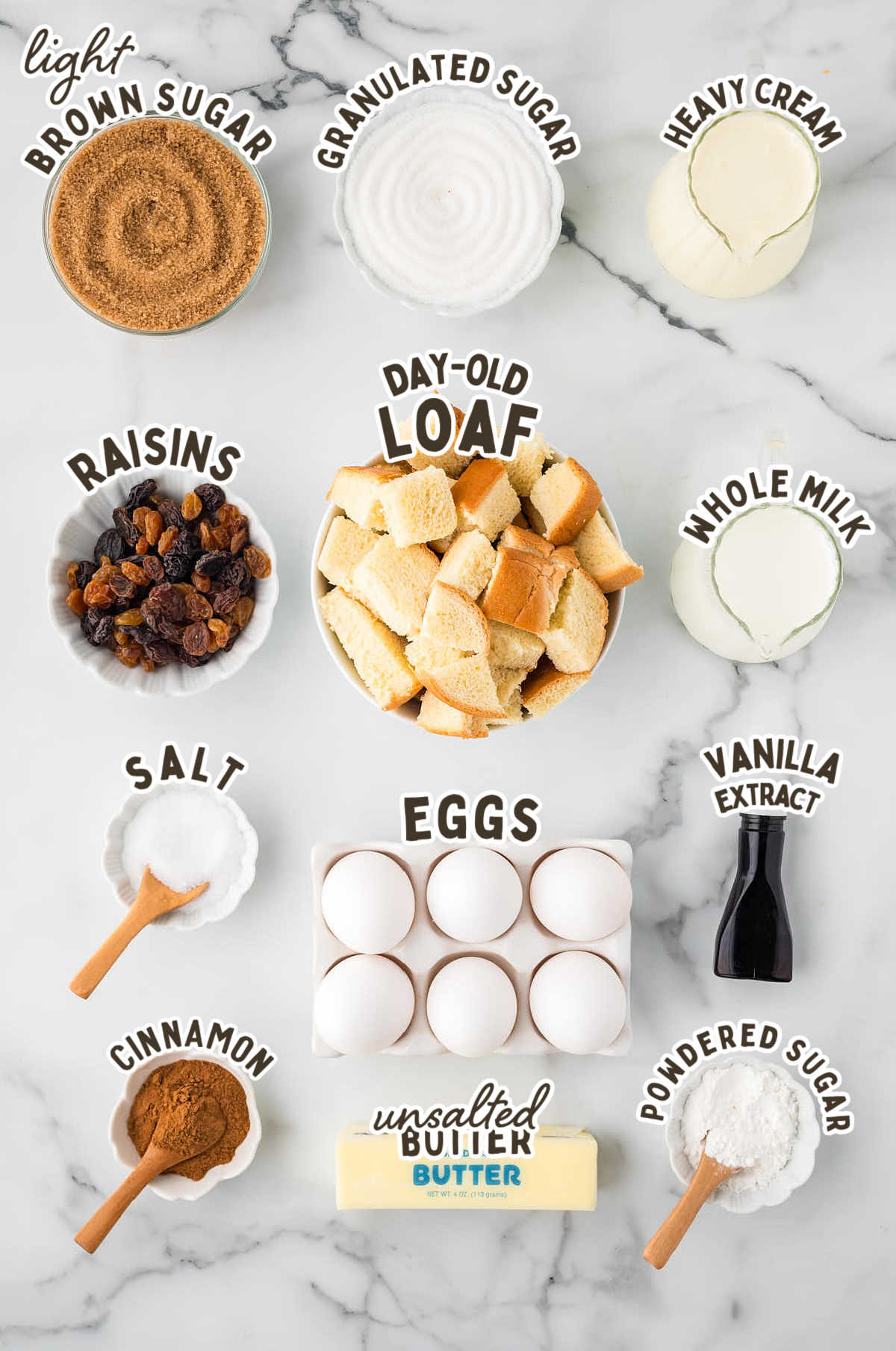 Ingredients needed to make Bread Pudding.