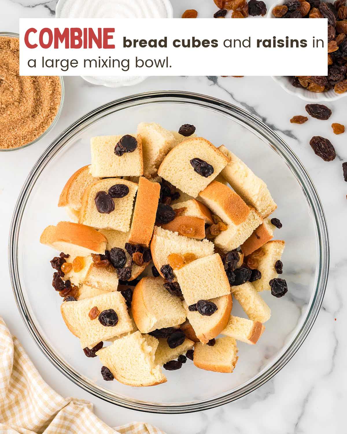 Bread cubes and raisins in a bowl. 