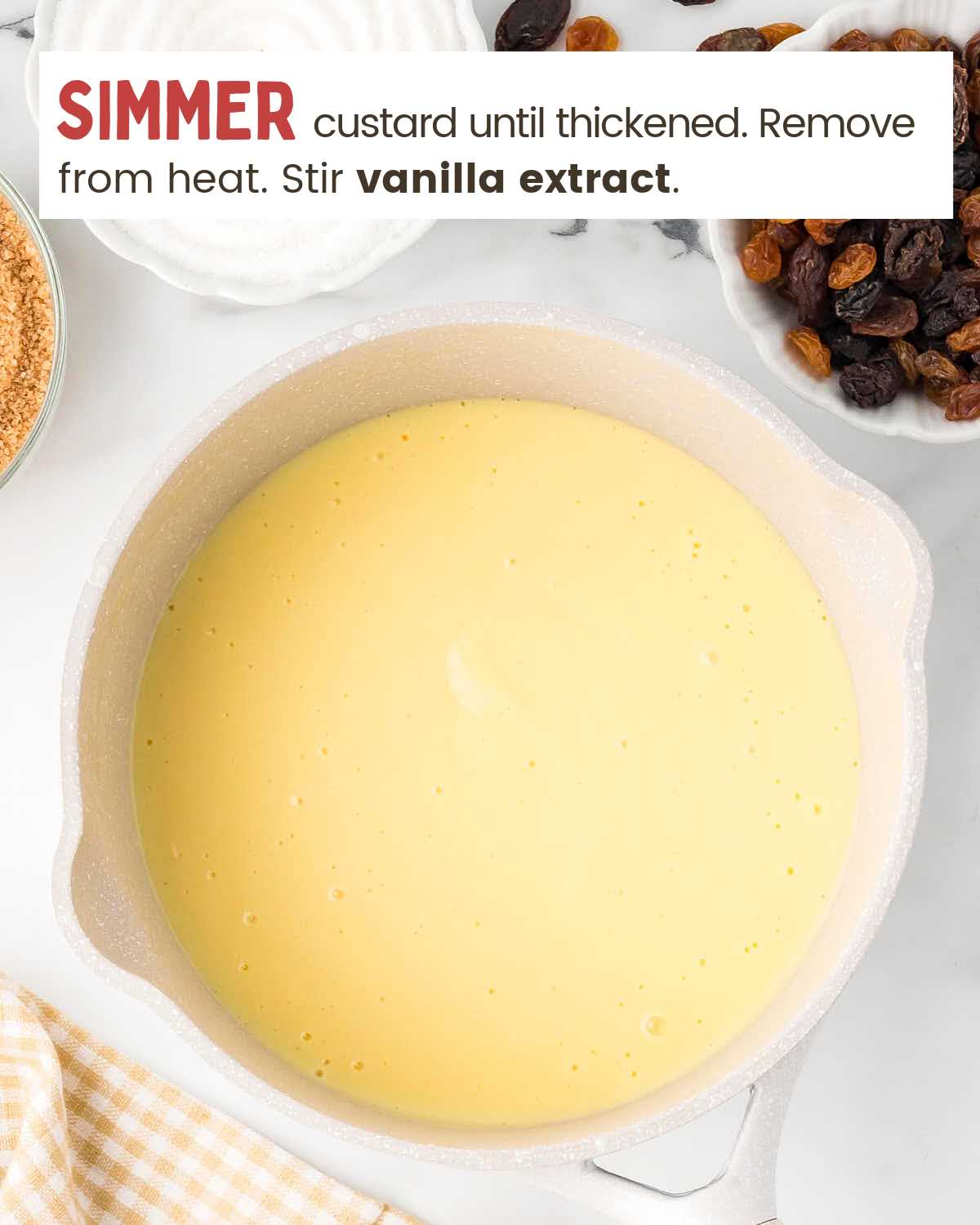 Warm custard in a pot.
