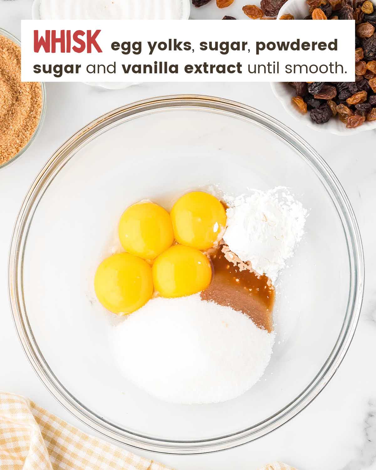 Eggs, sugar, powder sugar, and vanilla extract in a bowl.