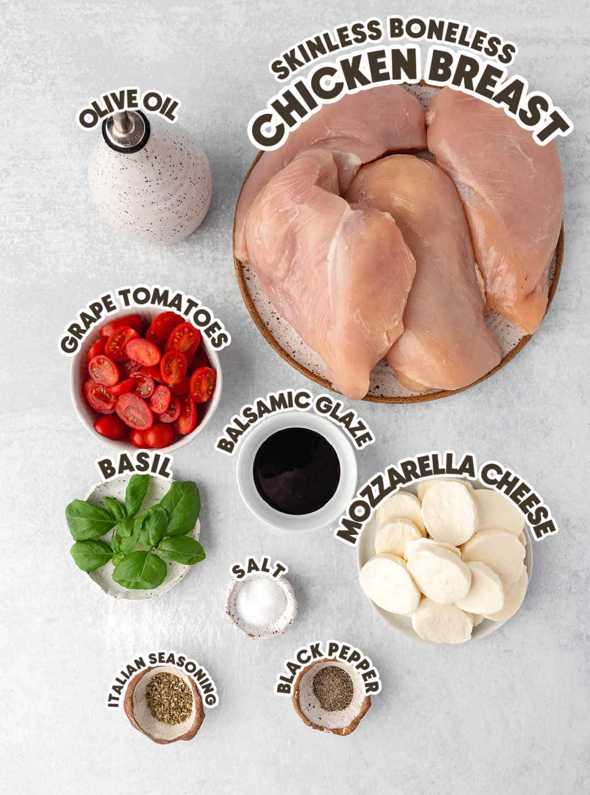 Ingredients needed to make Caprese Chicken.