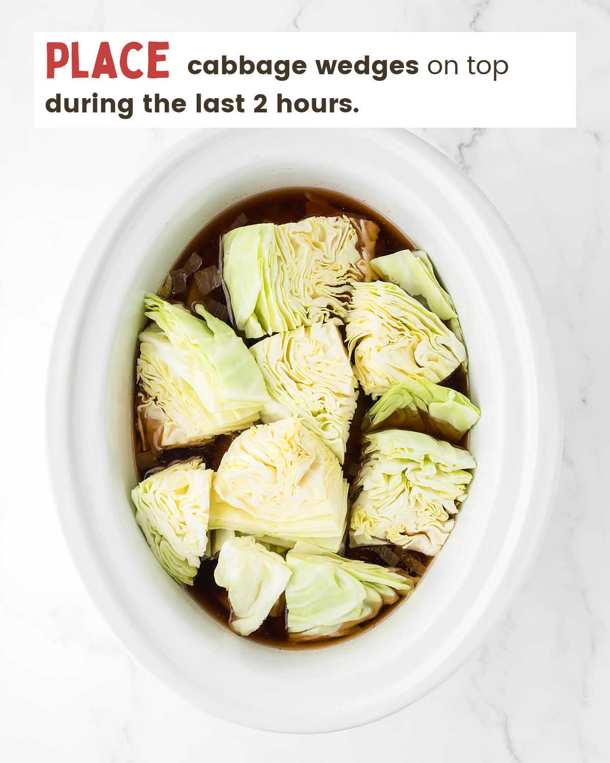 Adding cabbage wedges to the slow cooker.