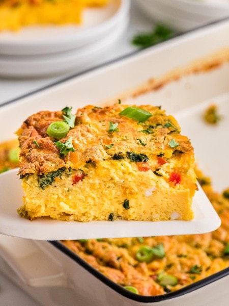 A spatula with a slice of Cottage Cheese Egg Bake.