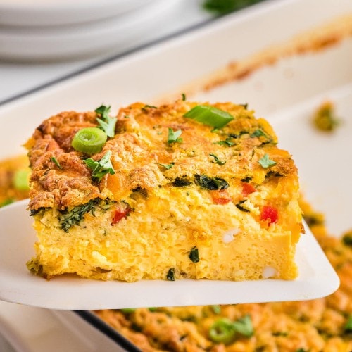 A spatula with a slice of Cottage Cheese Egg Bake.