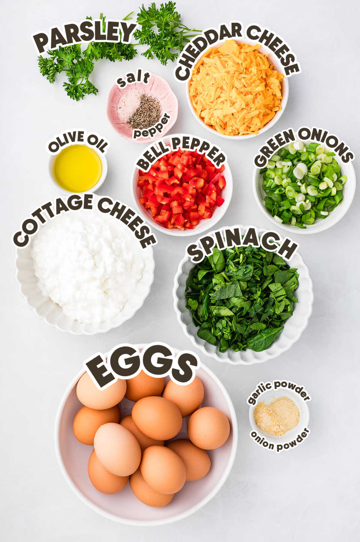 Ingredients needed to make a Cottage Cheese Egg Bake.
