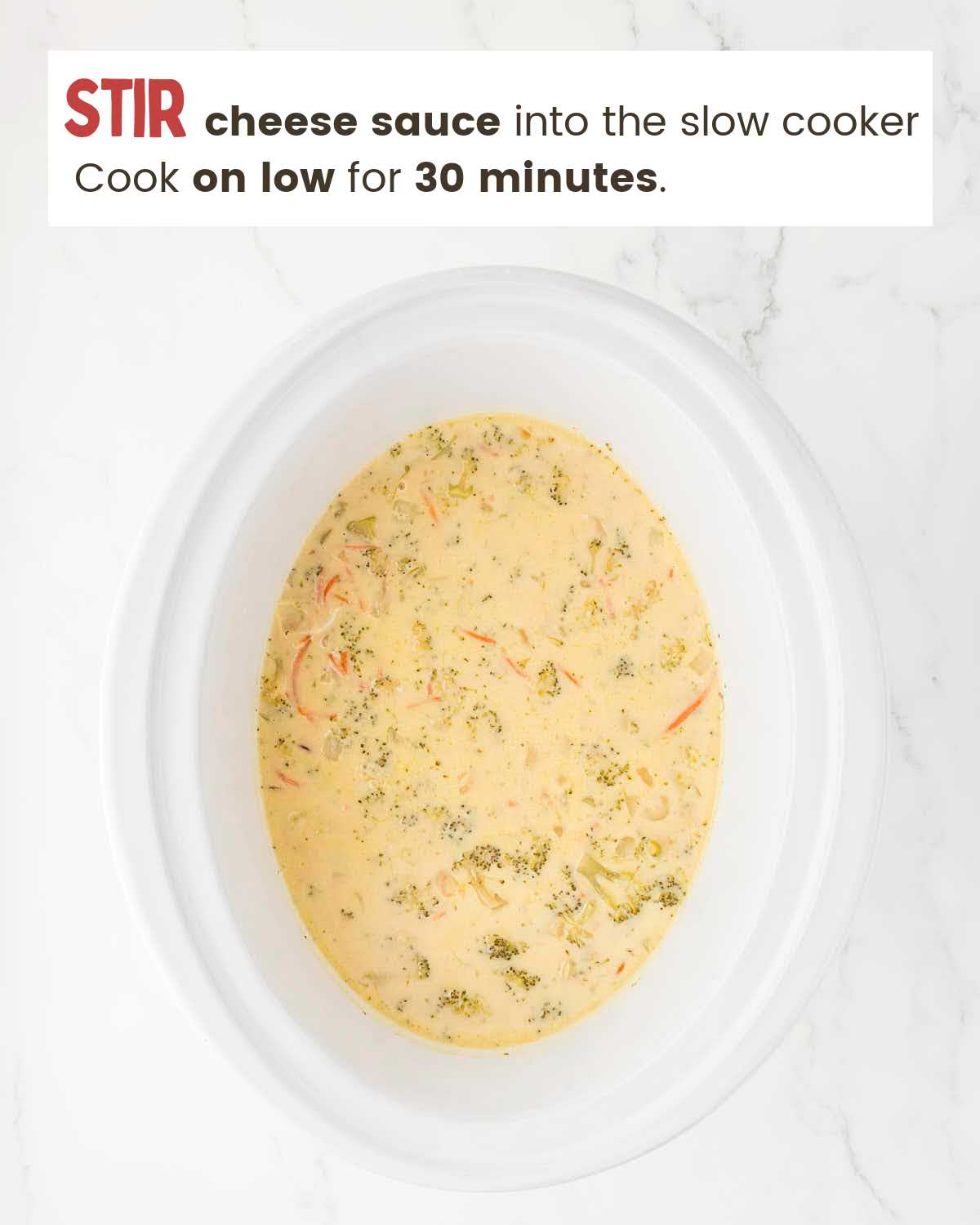 Broccoli and Cheddar soup in a slow cooker.
