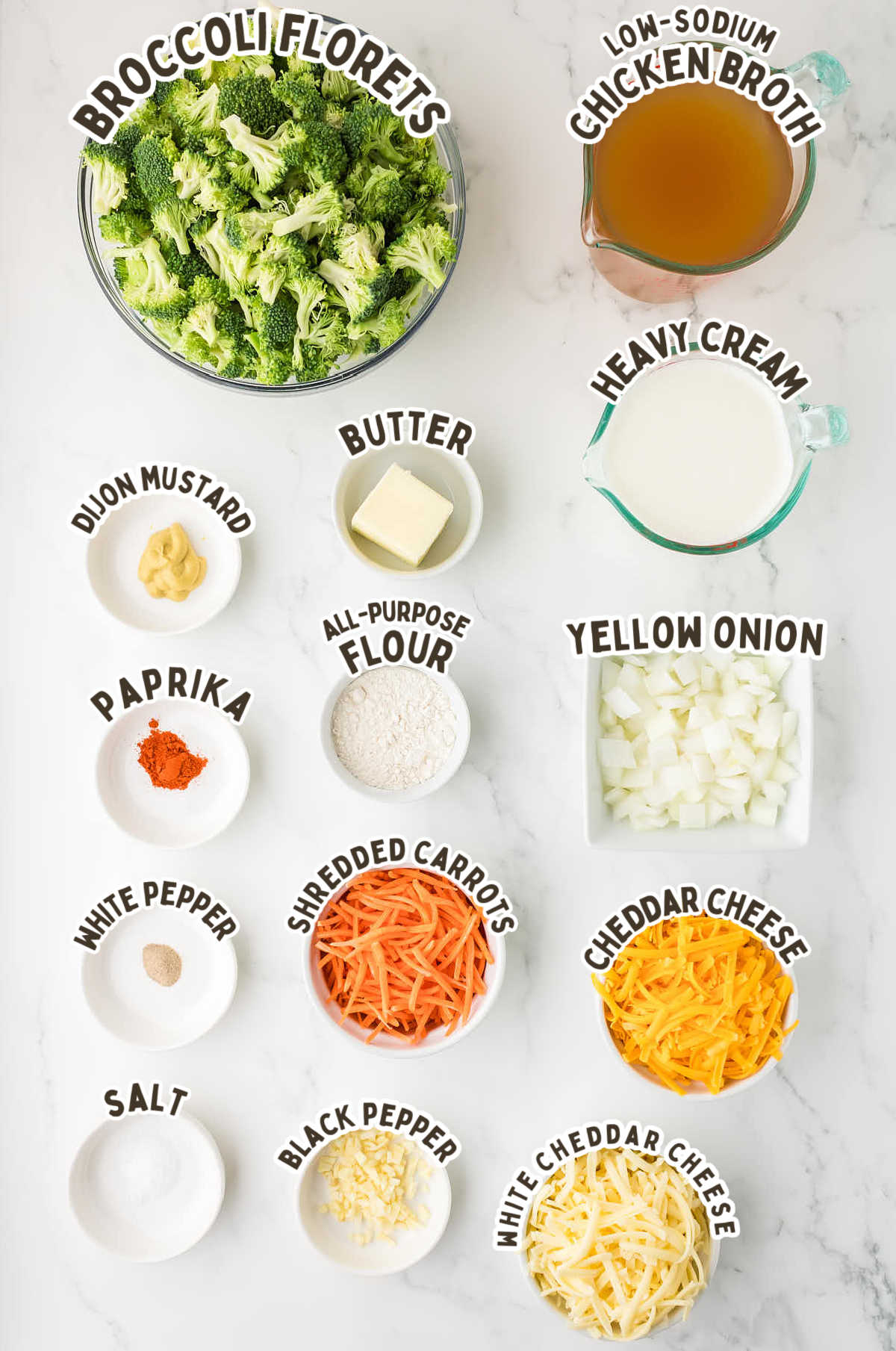 Ingredients needed to make Crockpot Broccoli Cheddar Soup.