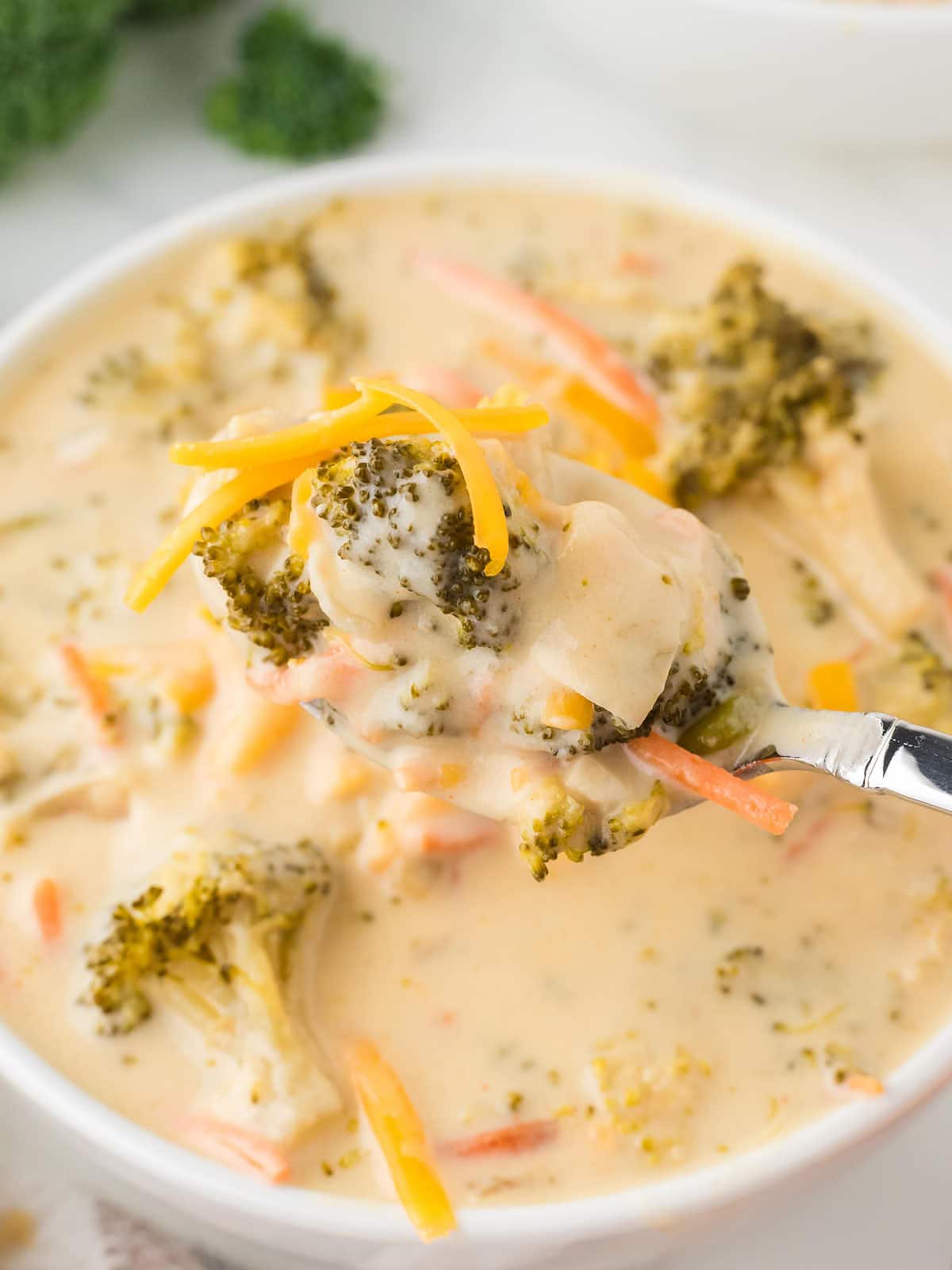 A bowl of Broccoli Cheddar Soup.