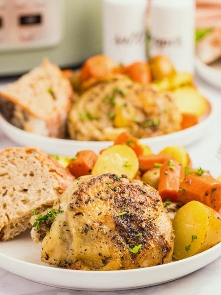 Crockpot Chicken and Potatoes served on a white plate.