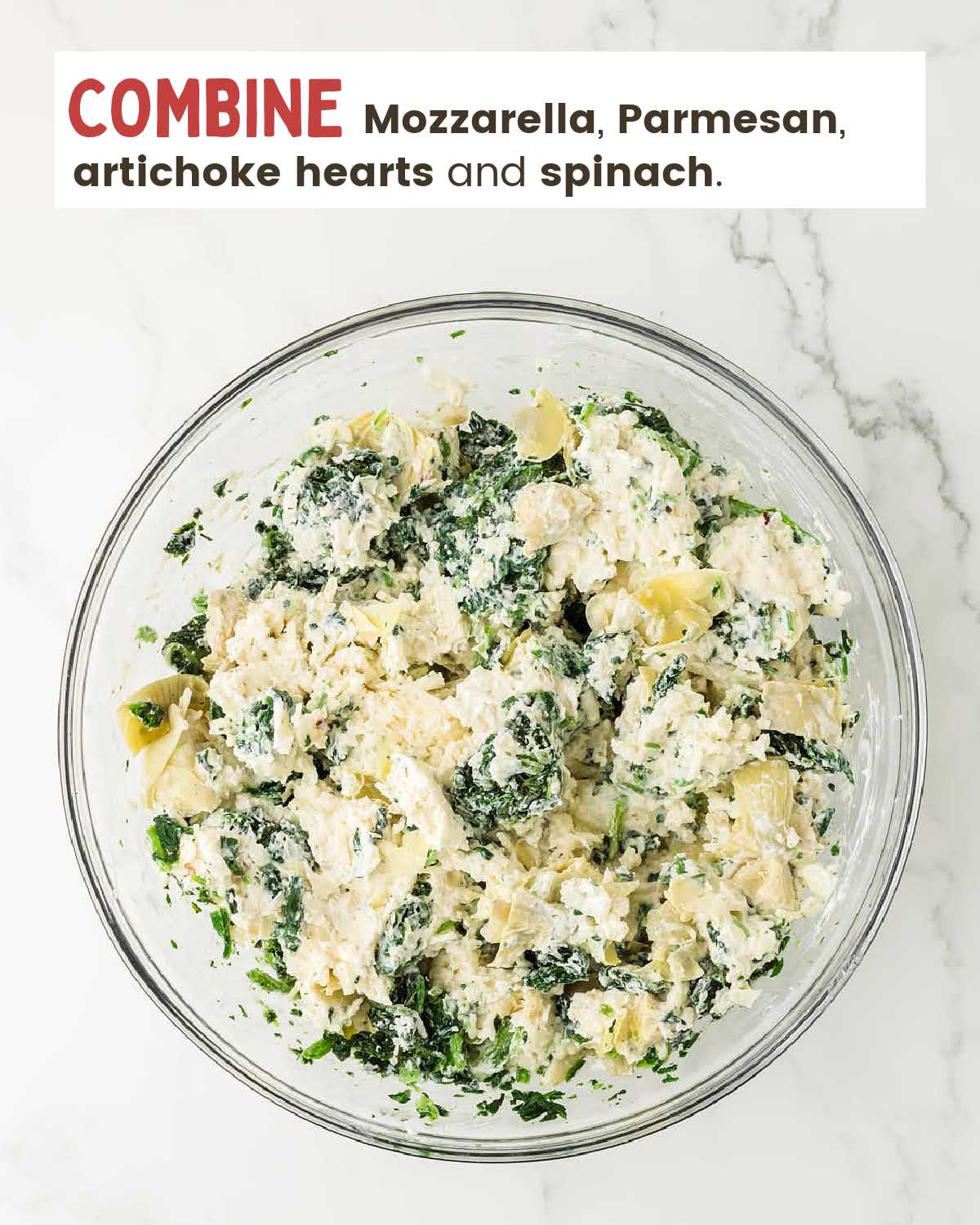 Sour cream mixed with spices, cheeses, artichoke hearts, and spinach in bowl.